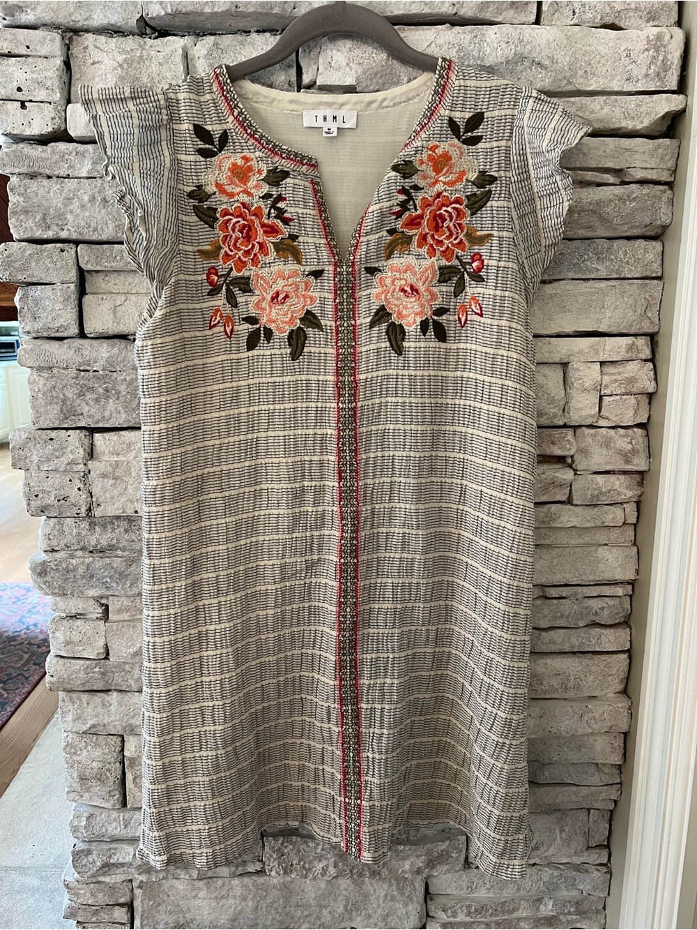 THML Embroidered Floral Linen Cotton Flutter Sleeve Dress